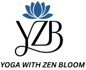 Logo with blue lotus and bold italic YZB text for Yoga With Zen Bloom